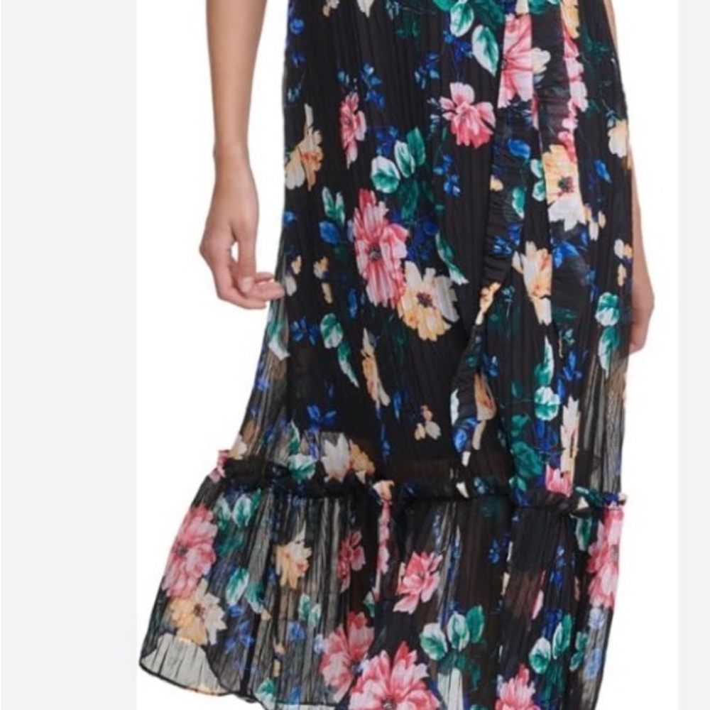 Kensie Black Floral Pleated Midi Skirt